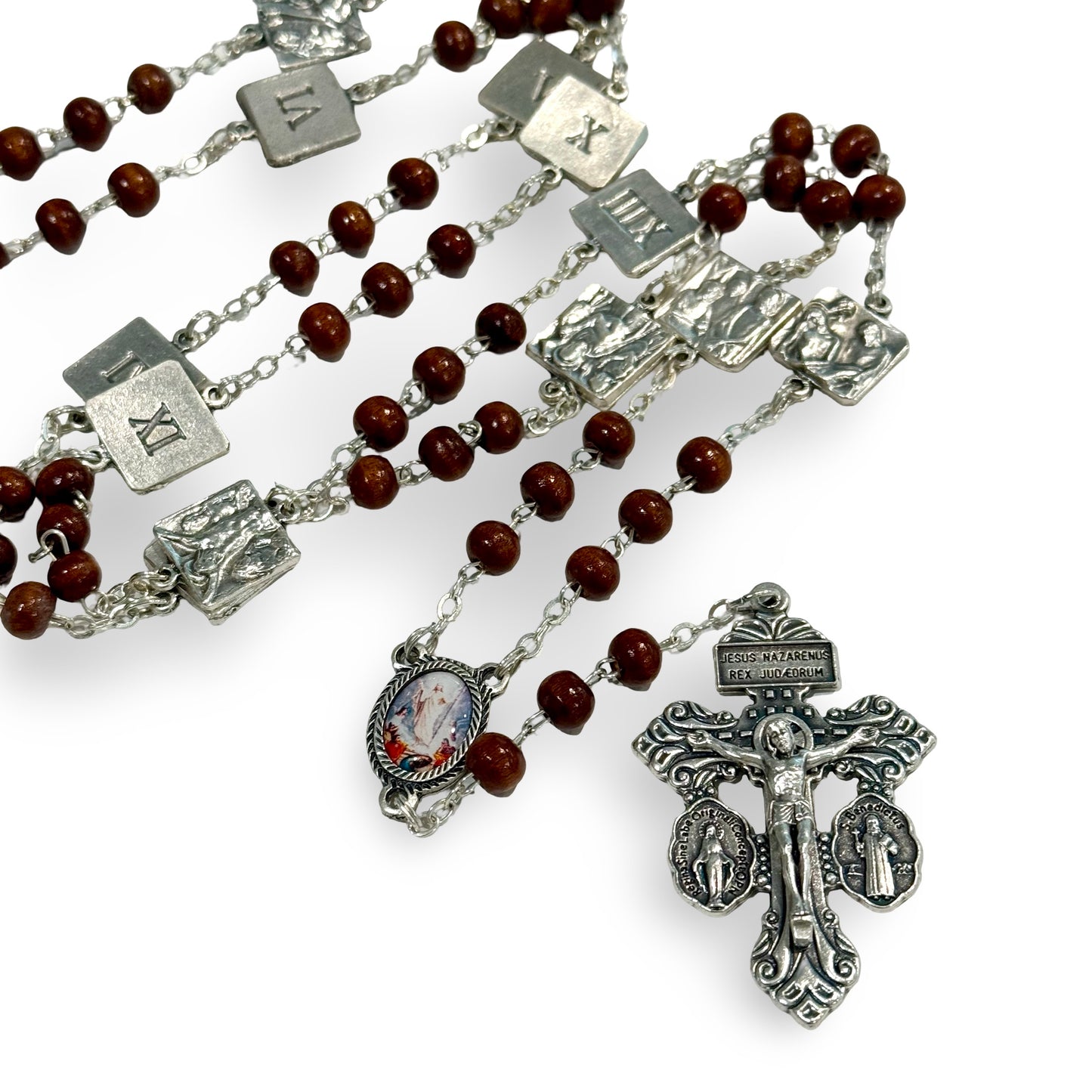 Wood Beaded Stations of the Cross Chaplet with Silver Stations and Pardon Crucifix