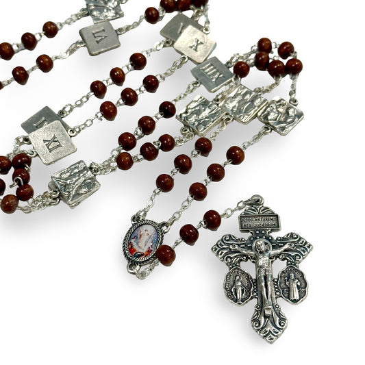 Wood Beaded Stations of the Cross Chaplet with Silver Stations and Pardon Crucifix