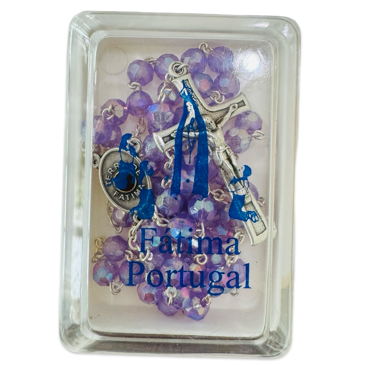 Purple Iridescent Crystal Fatima Rosary with Soil