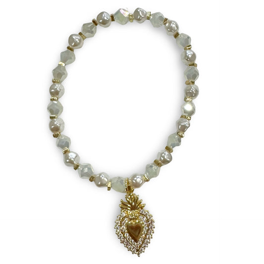 Sacred Heart of Jesus Pearl and White Crystal Bracelet Set