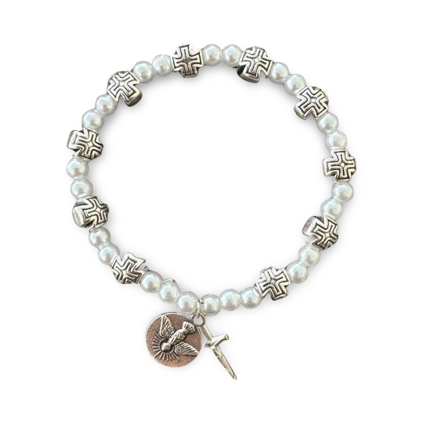 Pearl and Silver Cross Fatima Rosary Bracelet