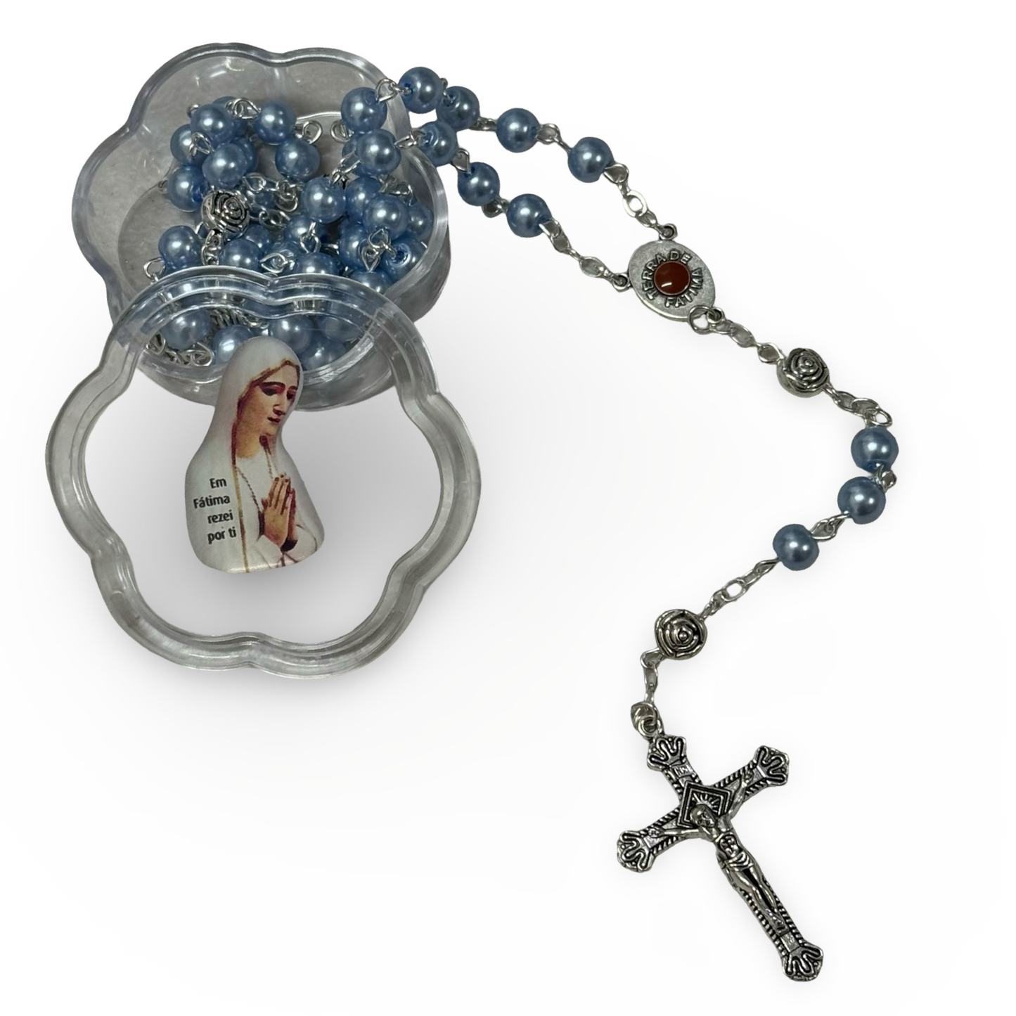 Pearl Fatima Rosary with Soil and Silver Rose Beads in Flower-Shaped Case
