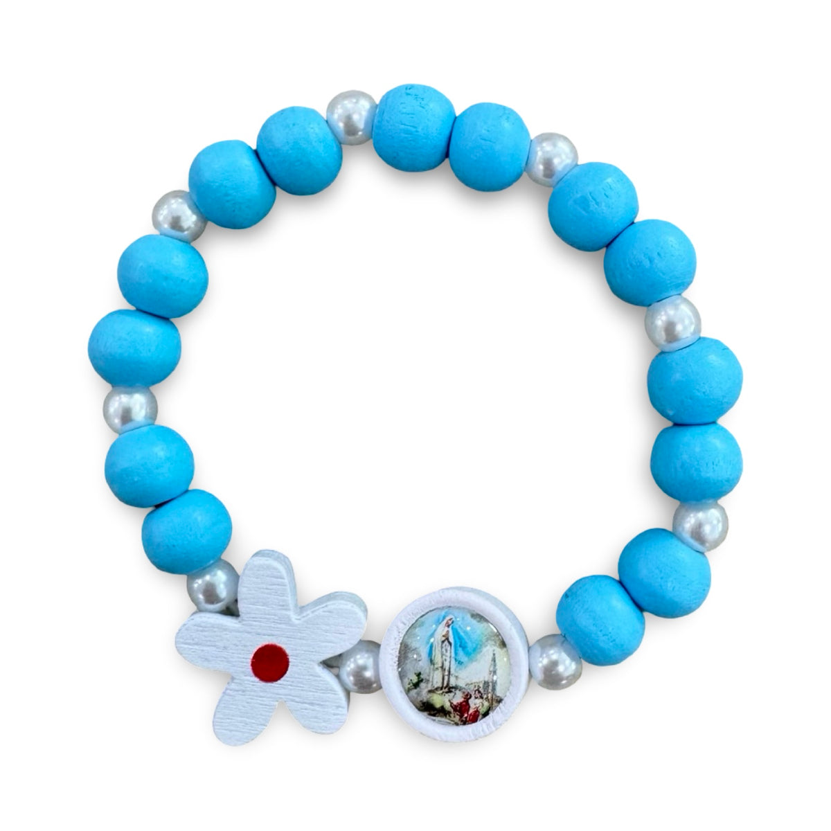 Wooden, Painted Fatima Bracelet with Flower of Assorted Colors