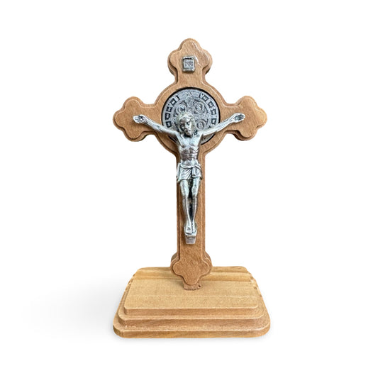 Small Olive Wood Standing Crucifix with St. Benedict Medal