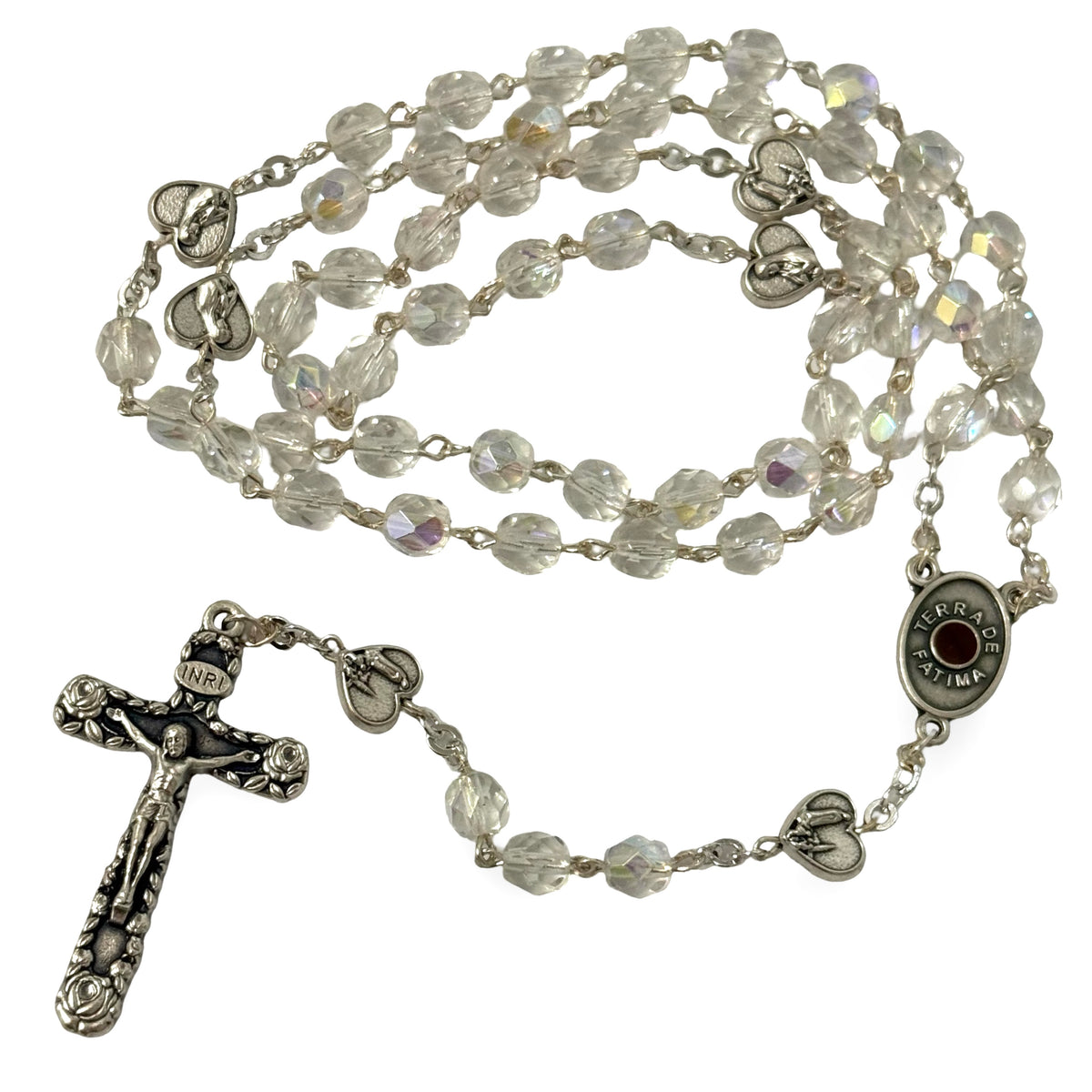 Crystal Fatima Rosary with Heart Beads and Soil