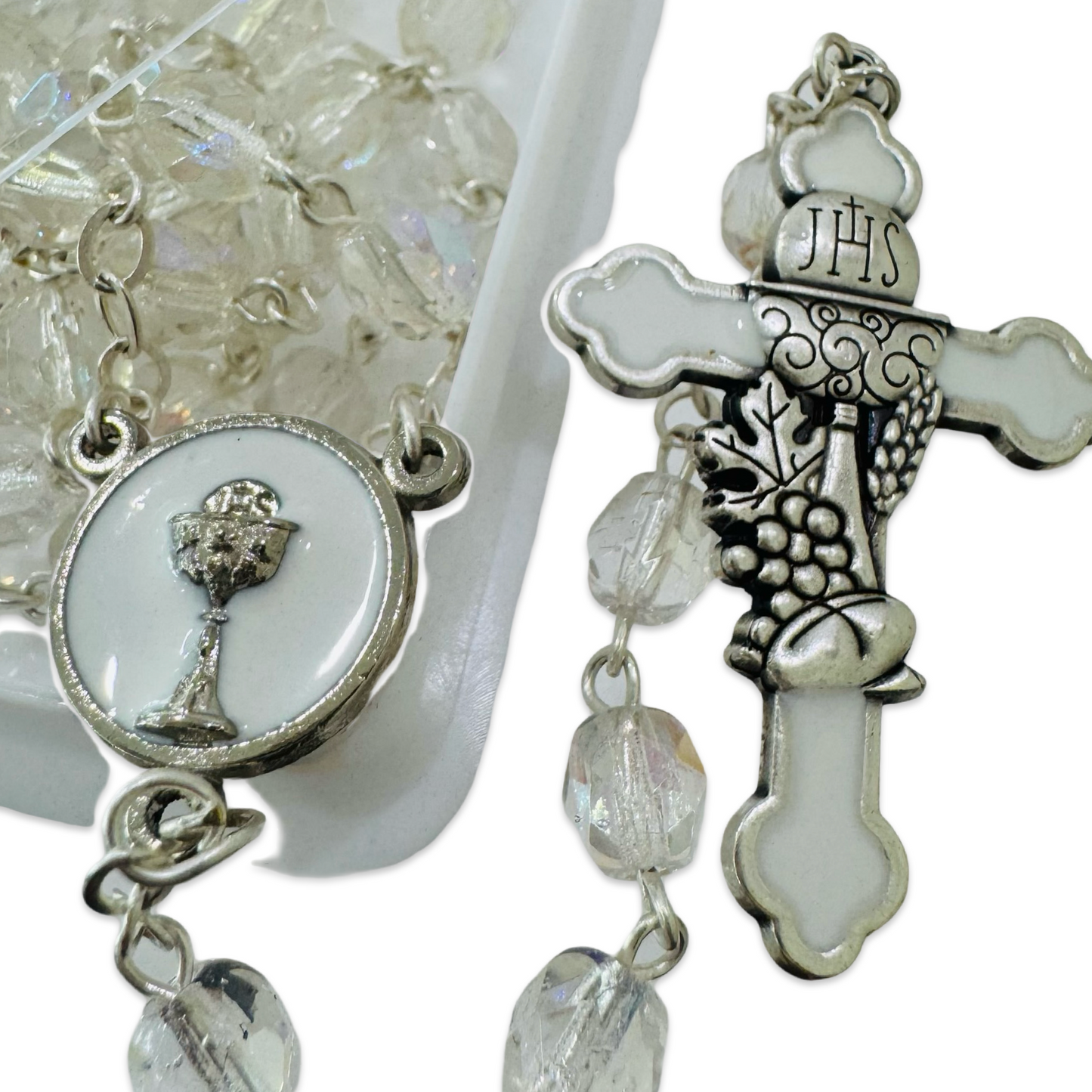 Crystal First Communion Rosary with White and Silver Medals