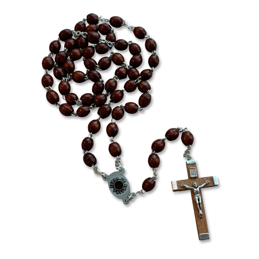 Oval Wooden Rosary with Soil from Fatima and Holy Card