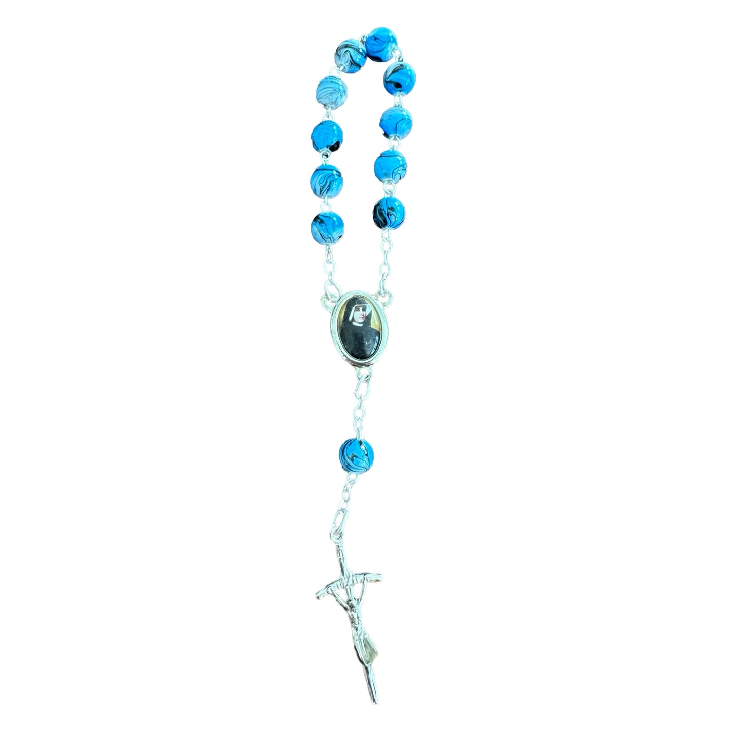 Round Marble St. Faustina Decade Rosary with Relic and Holy Card