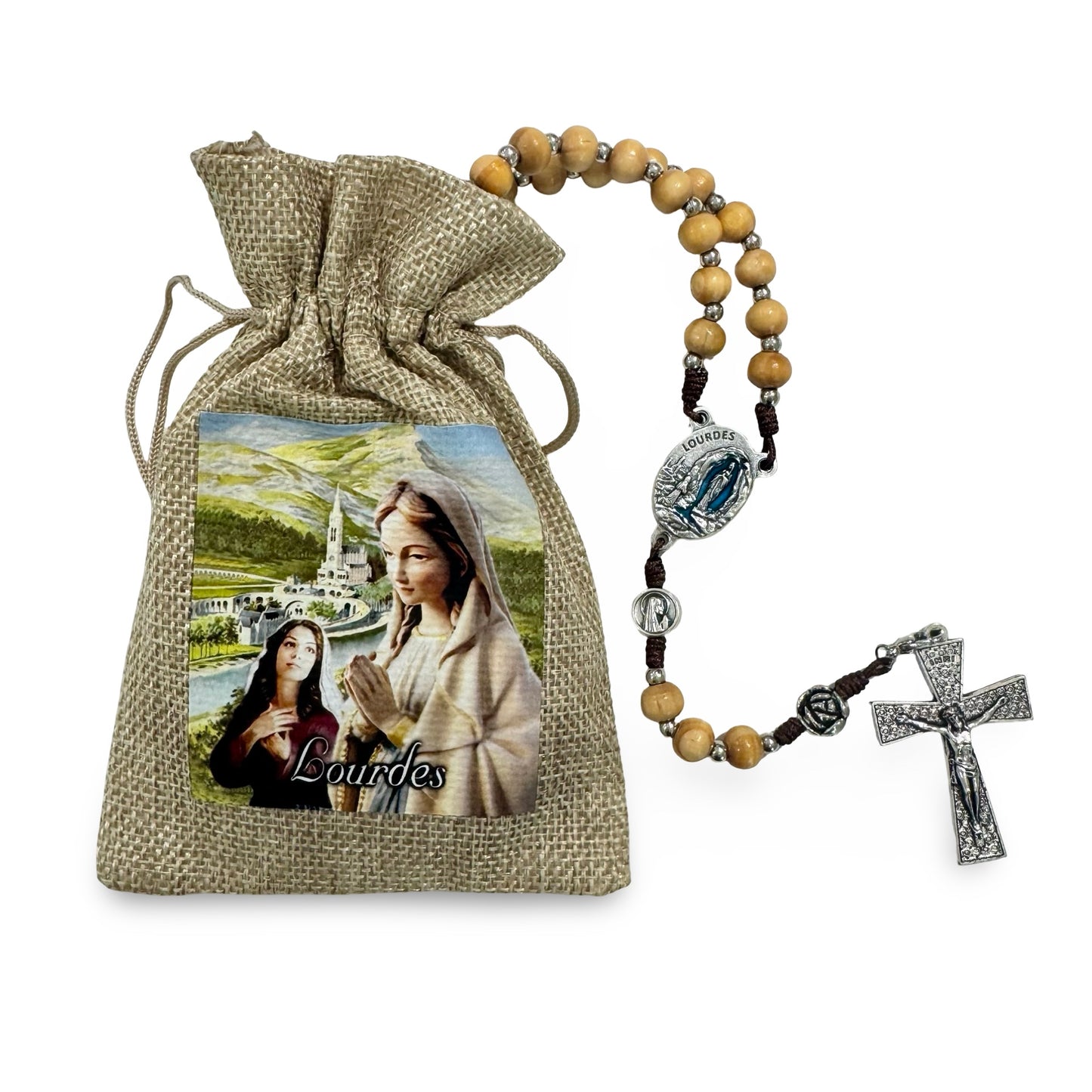 Wooden Rosary with Lourdes Water in Canvas Bag