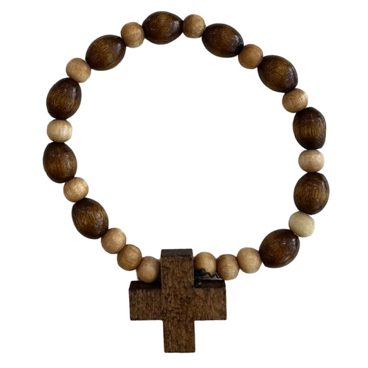 Stretchy Wooden Beaded Bracelet with Cross