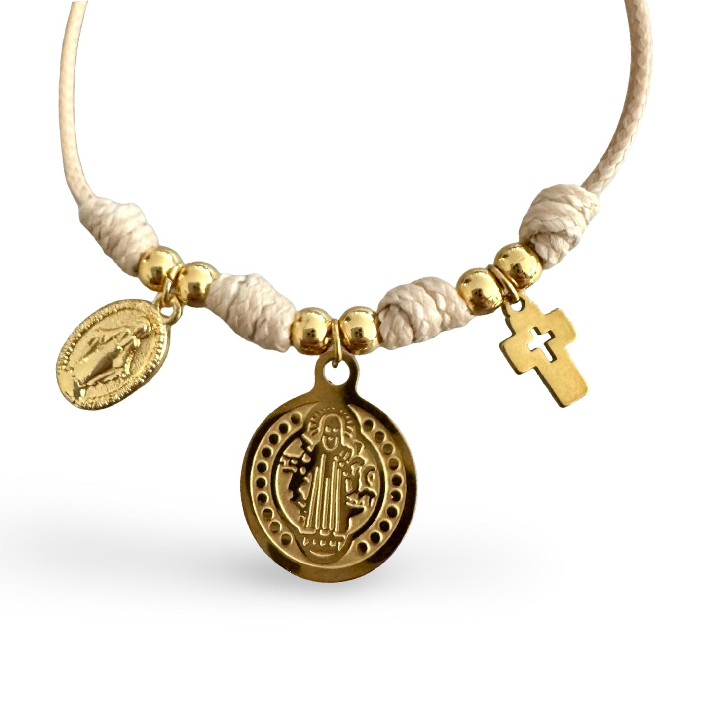 Cream Adjustable Bracelet with St. Benedict, Miraculous Medal, and Cross