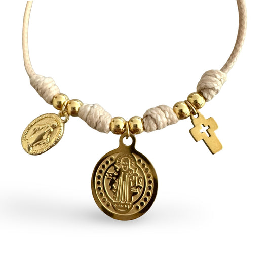 Cream Adjustable Bracelet with St. Benedict, Miraculous Medal, and Cross