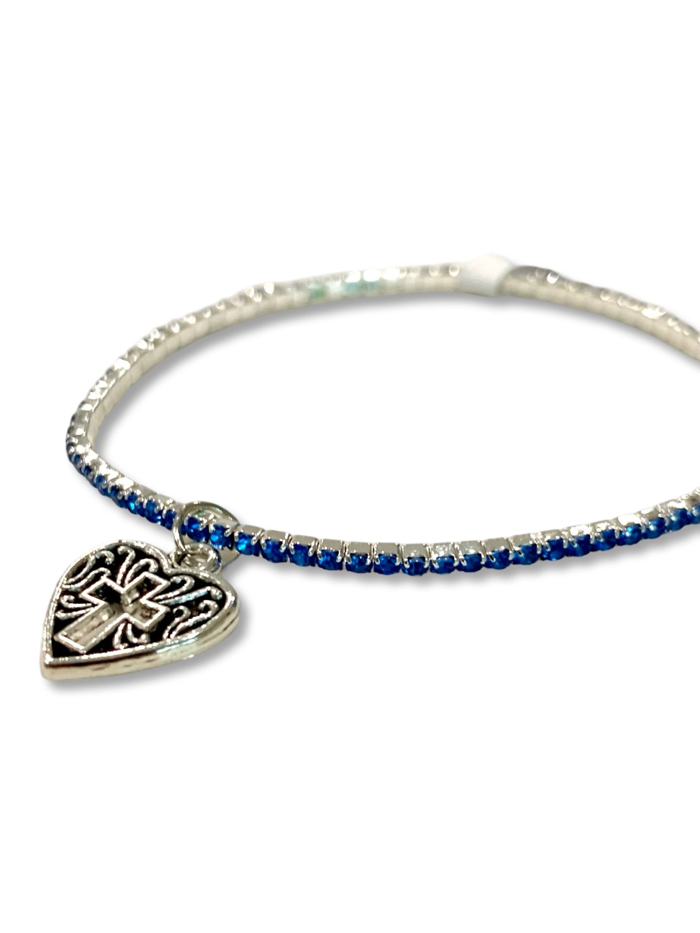 Silver Rhinestone Bracelet of Assorted Colors with Heart and Cross Pendant