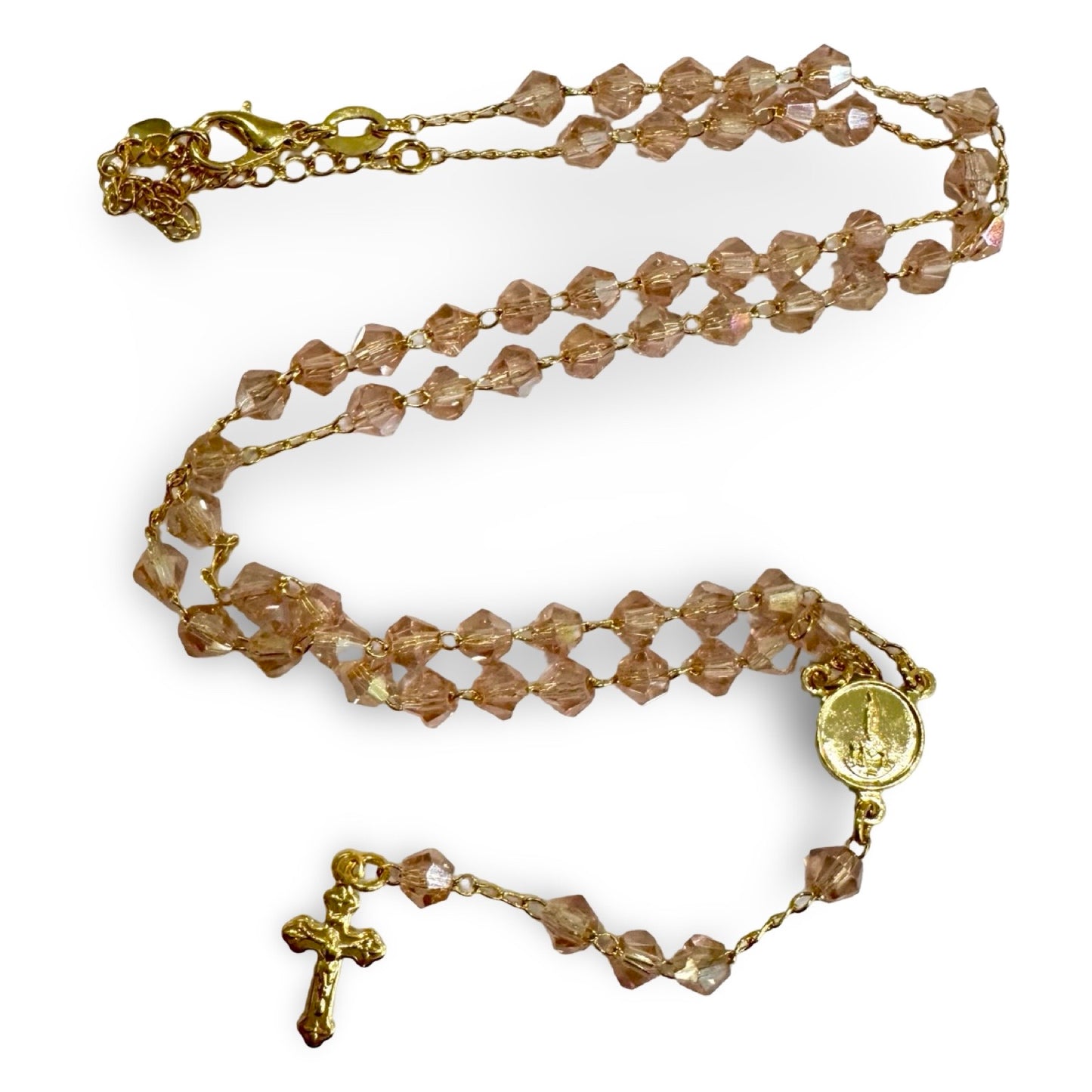 Delicate Gold and Crystal Rosary Necklace of Assorted Colors