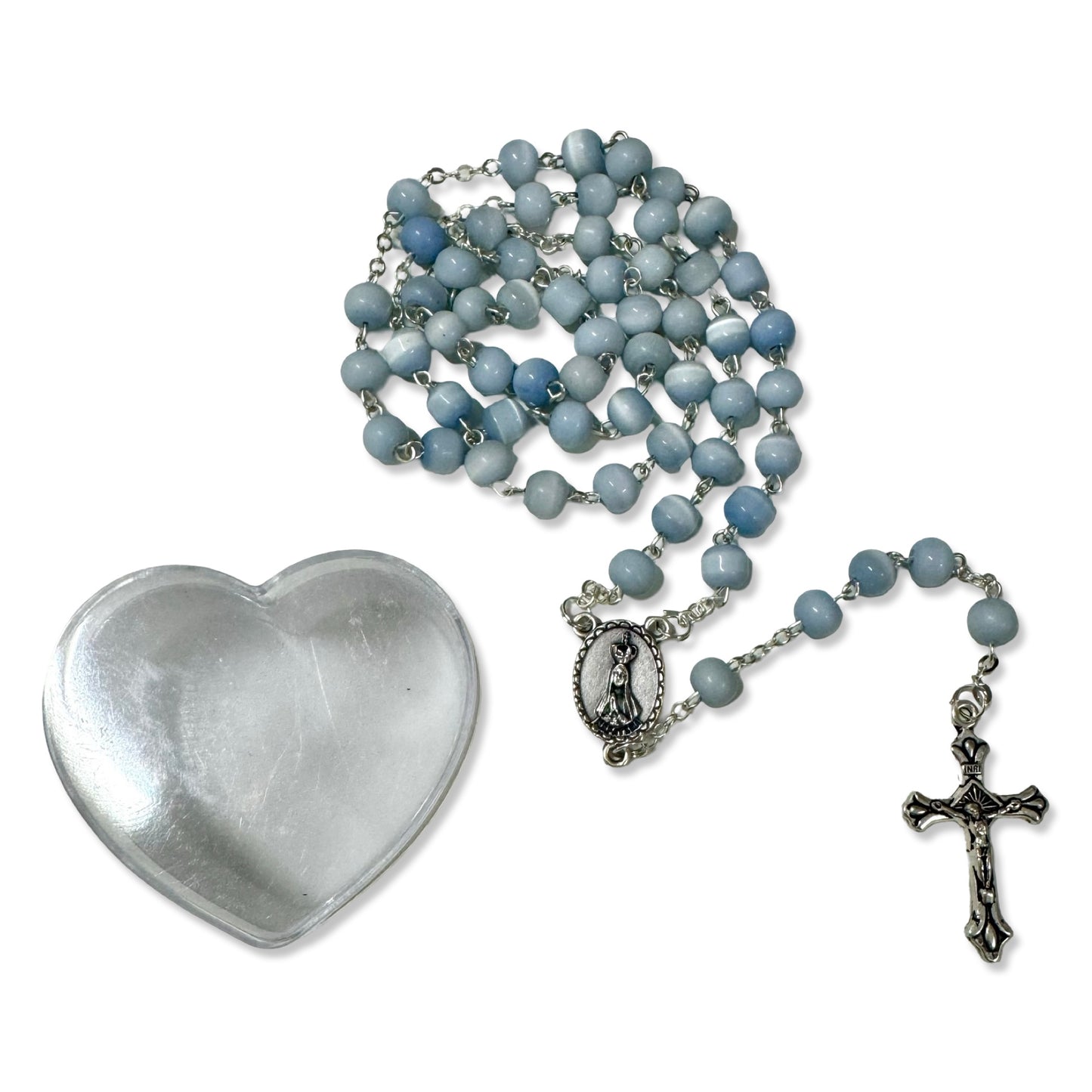 Blue Fatima Rosary in Heart Shaped Case