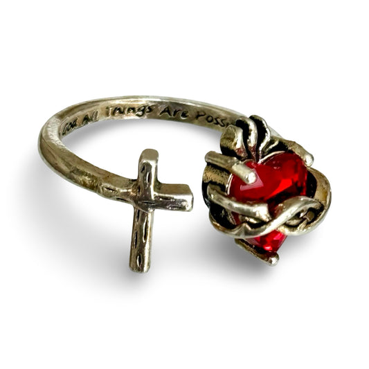 Silver Sacred Heart and Cross Ring