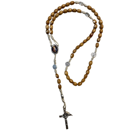 Wood Oval Bead with Cream String St. Benedict Rosary