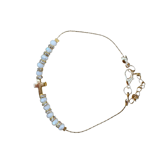 Gold Cross Rondelle Pearl and Crystal Bracelet
