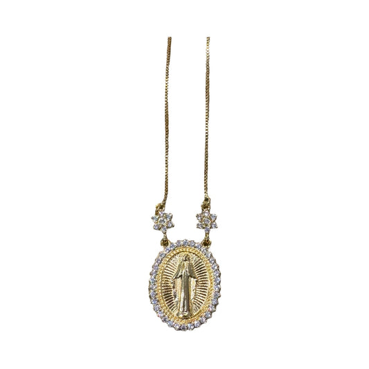 Gold Miraculous Medal Necklace with Rhinestone Border and Accents