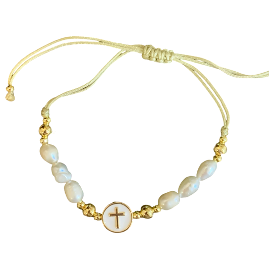 Golden Cross and Pearl String Bracelet