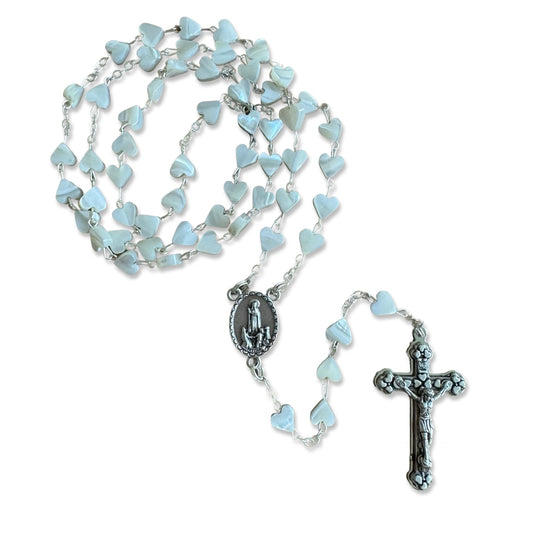 Heart Shaped Mother of Pearl Fatima Rosary with Heart Embellished Crucifix