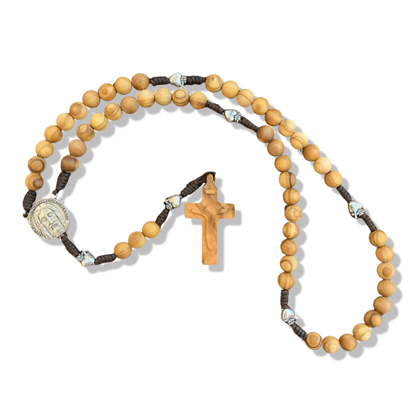 Holy Face of Jesus Wood Rosary with Pierced Heart Beads