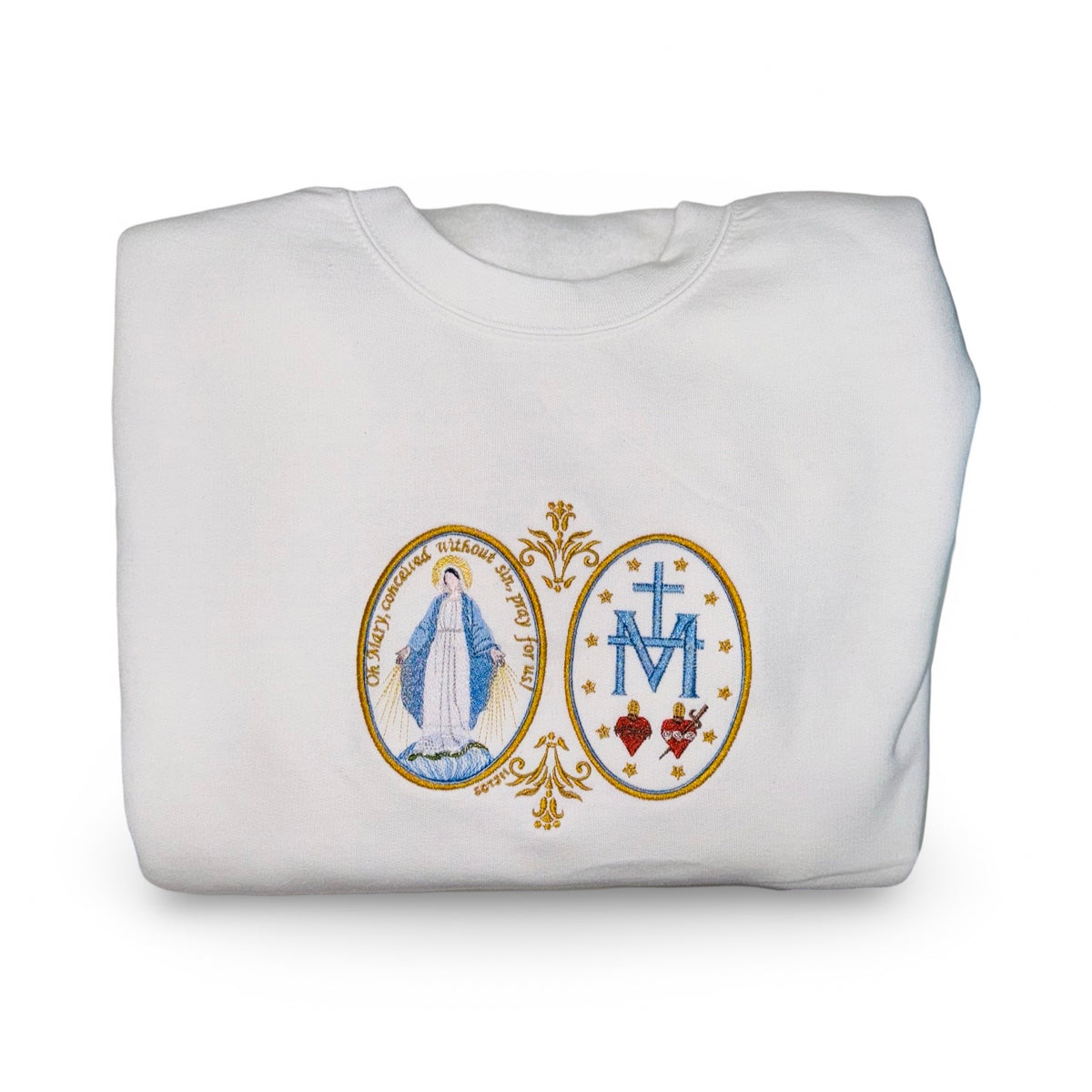 Large Miraculous Medal Embroidered Crewneck Sweater by SCTJM
