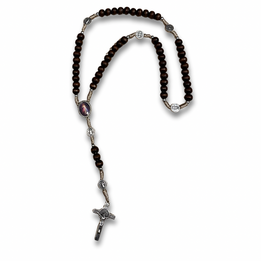 Dark Wood Bead with Beige String St. Benedict Rosary