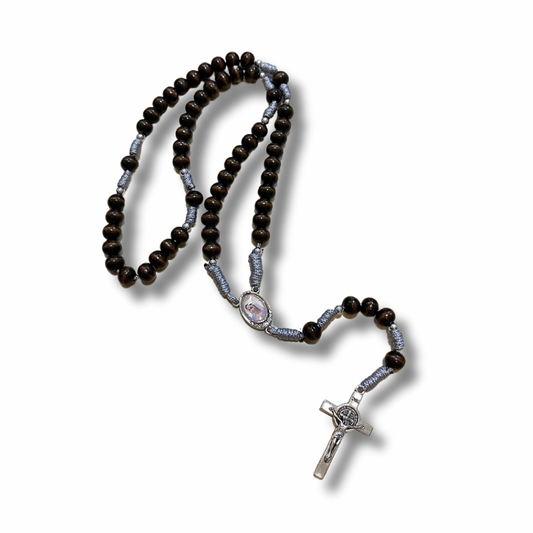Dark Wood Bead with Grey String St. Benedict Rosary