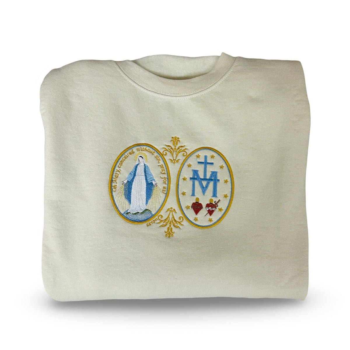 Large Miraculous Medal Embroidered Crewneck Sweater by SCTJM