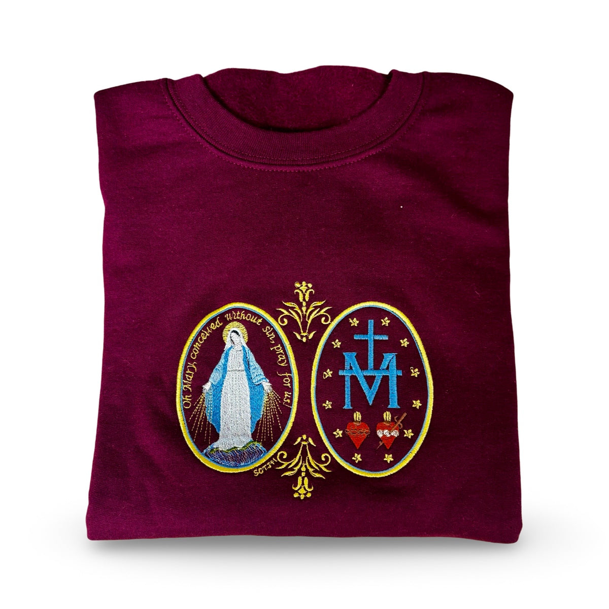 Large Miraculous Medal Embroidered Crewneck Sweater by SCTJM