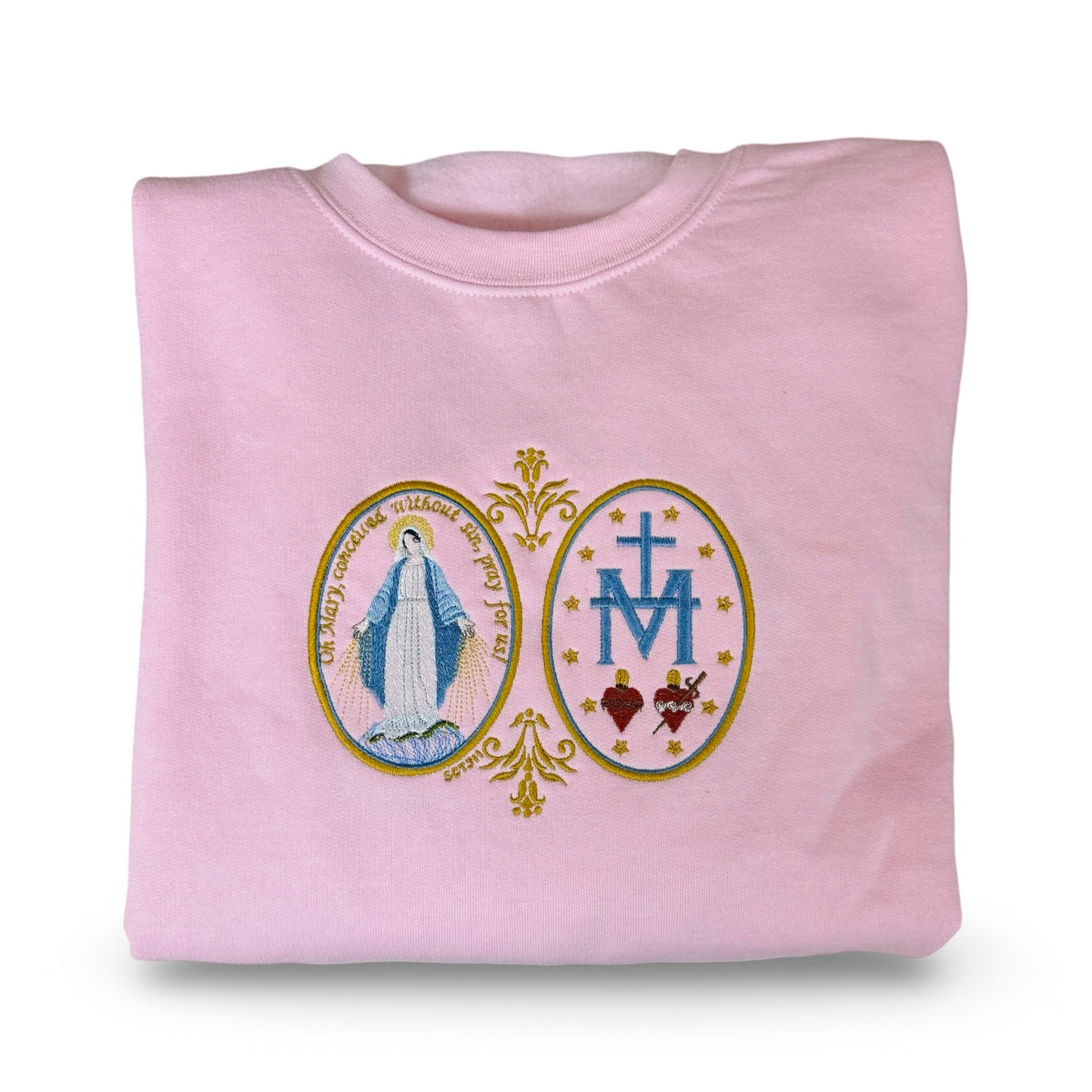 Large Miraculous Medal Embroidered Crewneck Sweater by SCTJM