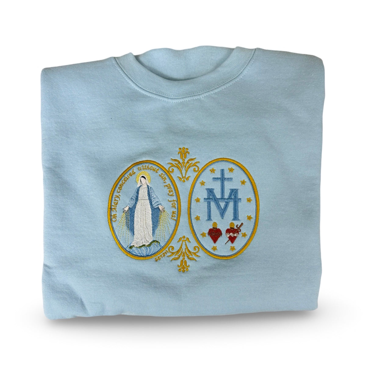 Large Miraculous Medal Embroidered Crewneck Sweater by SCTJM