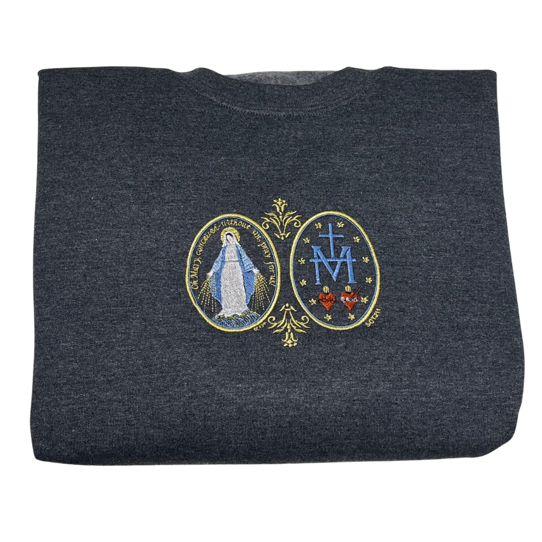 Large Miraculous Medal Embroidered Crewneck Sweater by SCTJM