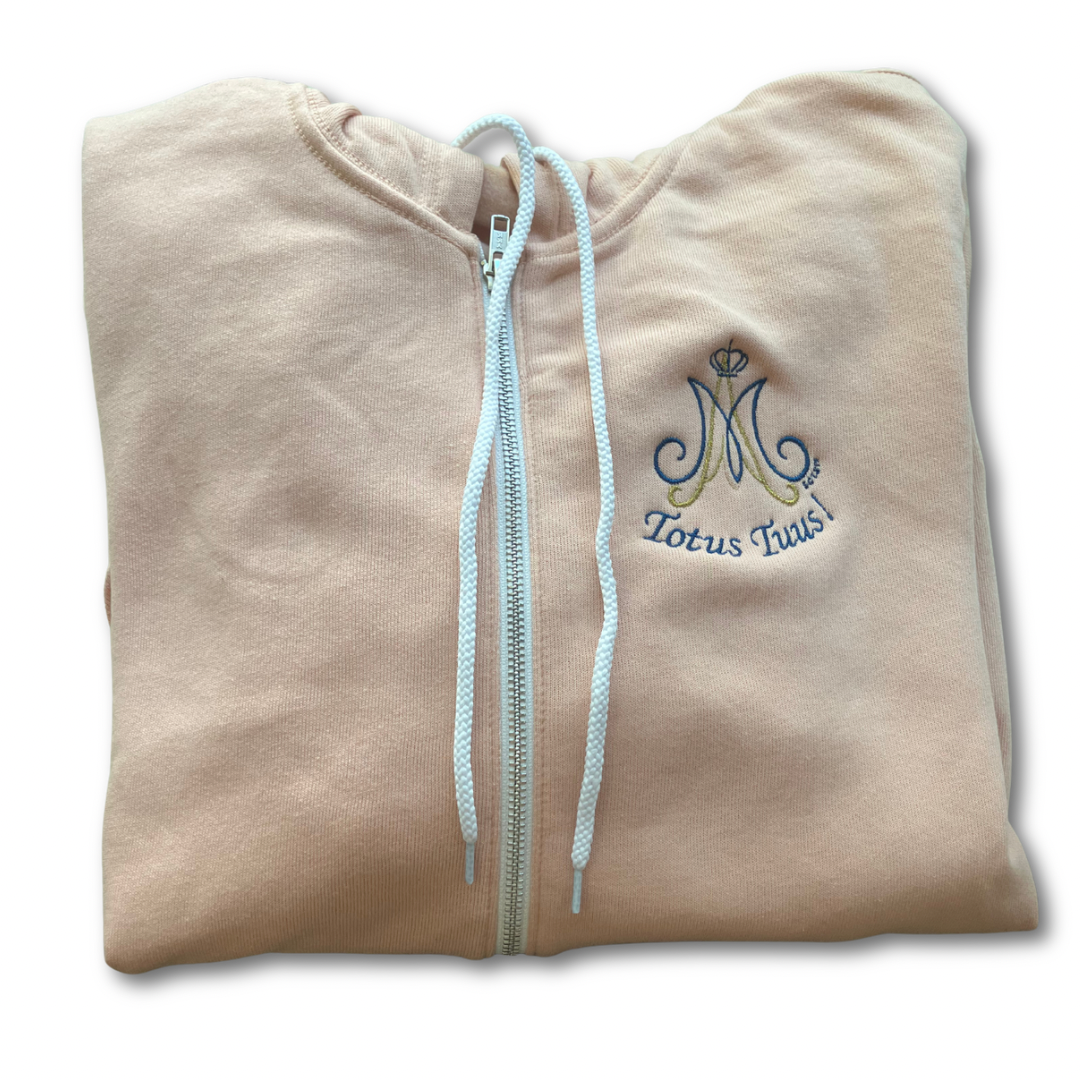 Marian Totus Tuus “M” Embroidered Zip-up Sweater by SCTJM