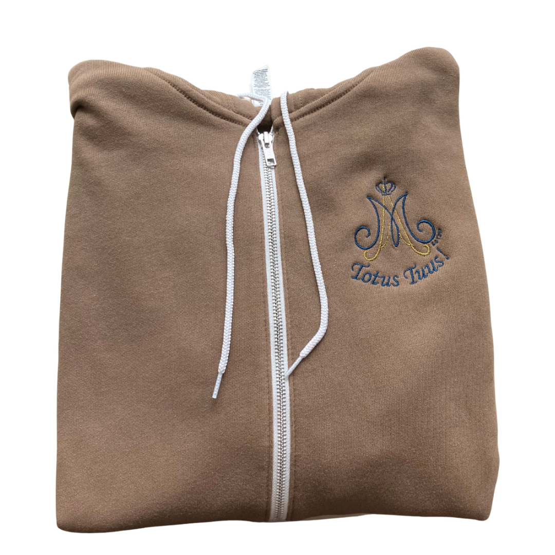 Marian Totus Tuus “M” Embroidered Zip-up Sweater by SCTJM