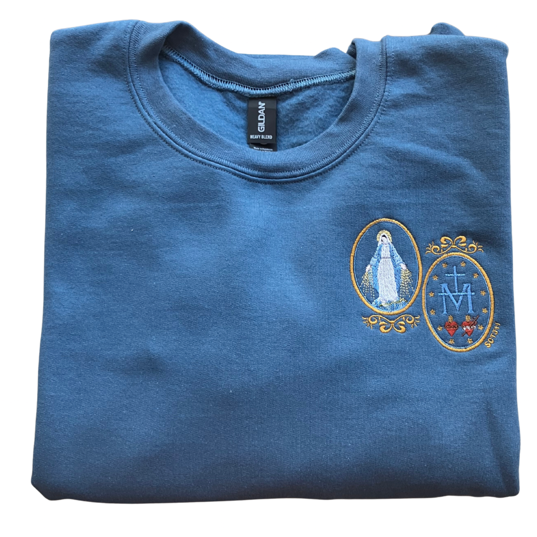 Small Miraculous Medal Embroidered Crewneck Sweater by SCTJM