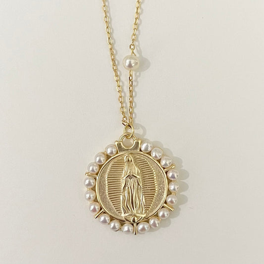 Gold Plated Our Lady of Guadalupe Necklace with Pearl Border