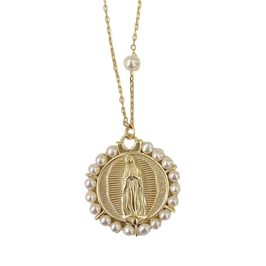 Gold Plated Our Lady of Guadalupe Necklace with Pearl Border