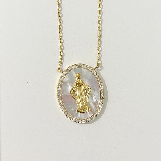 Mother of Pearl Miraculous Medal Necklace with Zirconium Border