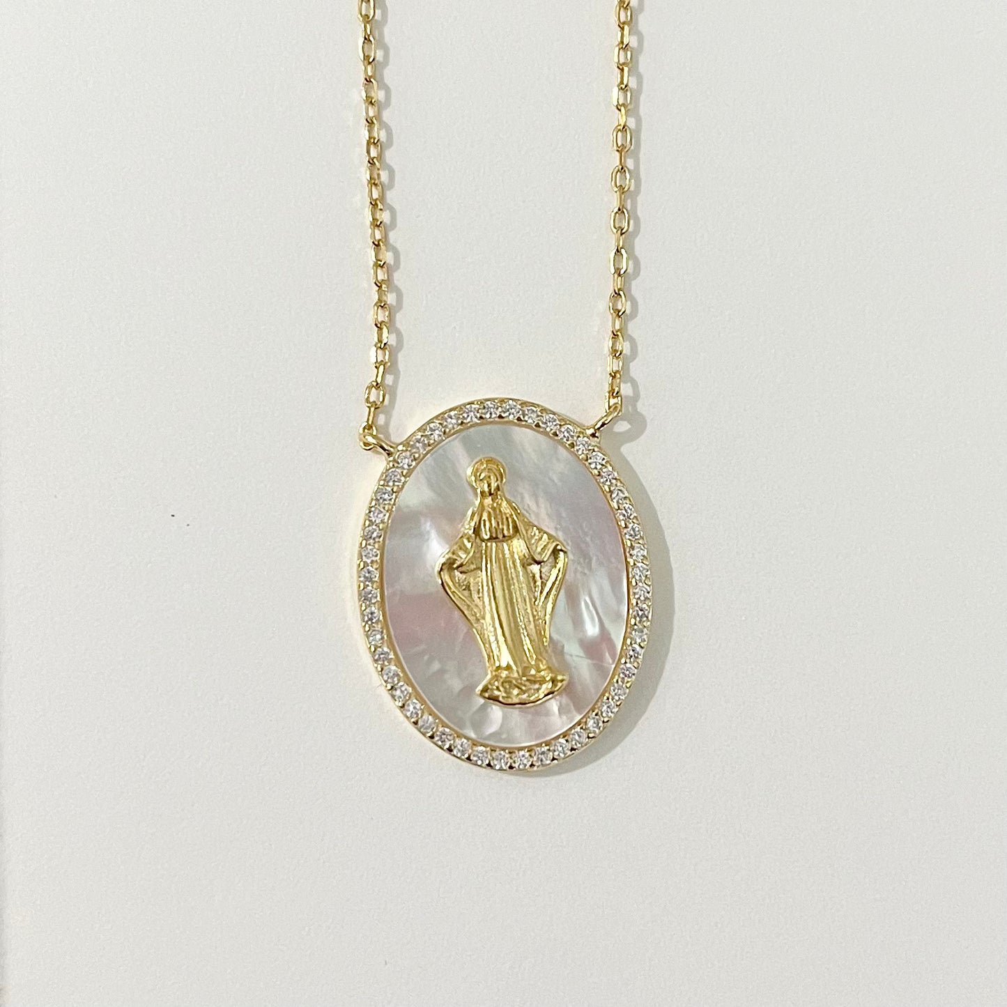 Mother of Pearl Miraculous Medal Necklace with Zirconium Border