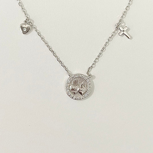 Round Silver Plated and Mother of Pearl Two Hearts Necklace with Gems and Zirconium Border