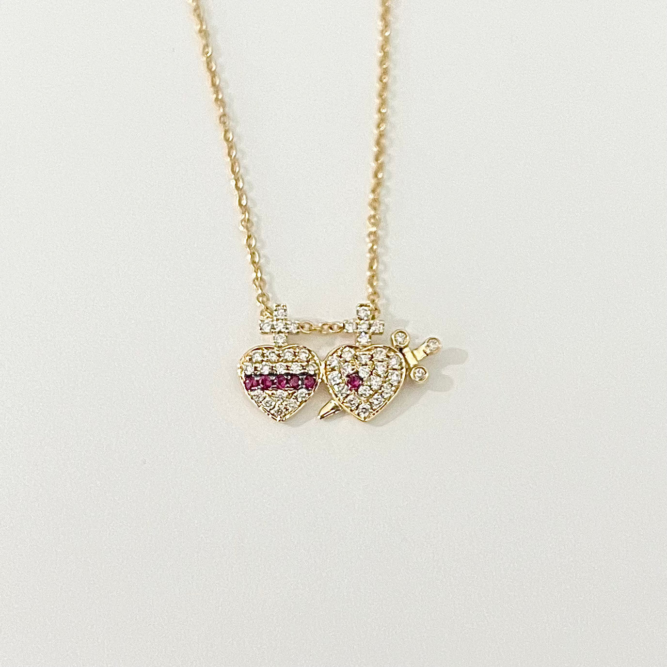 Gold Diamond and Ruby Two Hearts Necklace