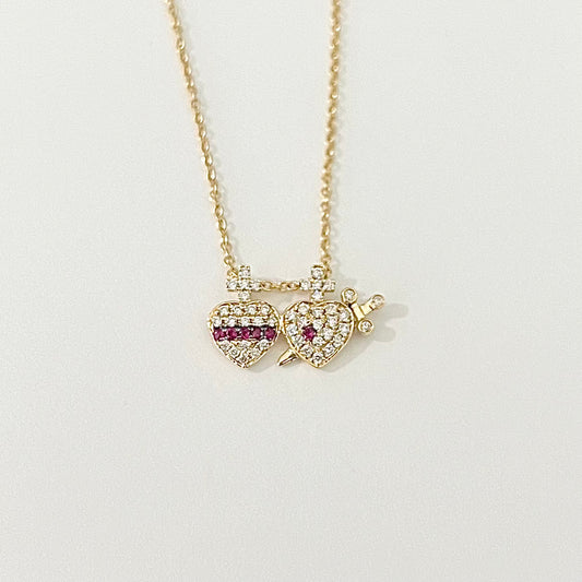 Gold Diamond and Ruby Two Hearts Necklace