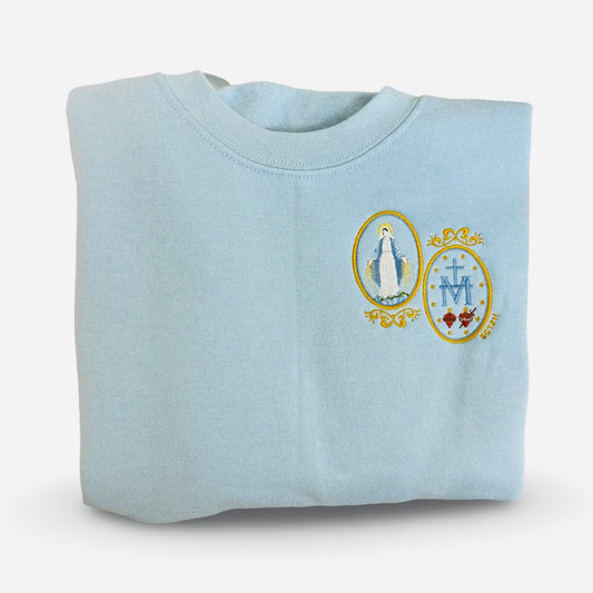 Small Miraculous Medal Embroidered Crewneck Sweater by SCTJM