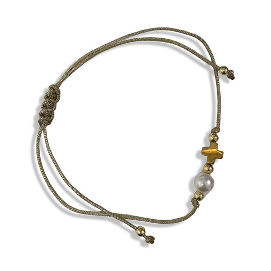 Adjustable Small Gold Cross with Pearl Bead of Assorted Colors