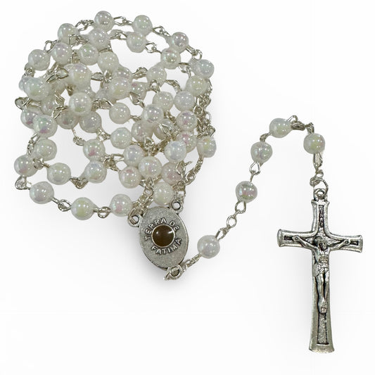 Iridescent Pearl Fatima Rosary with Soil