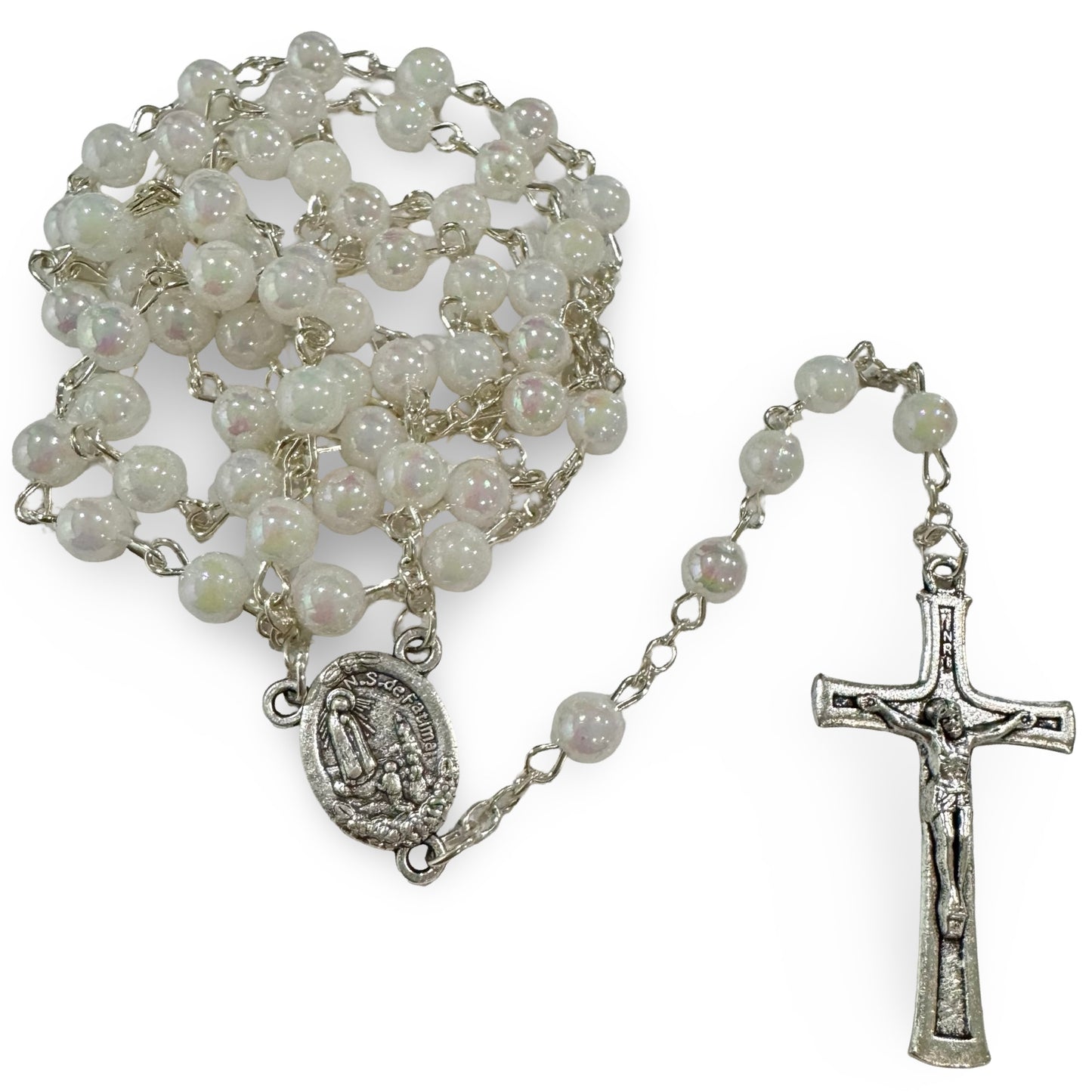 Iridescent Pearl Fatima Rosary with Soil