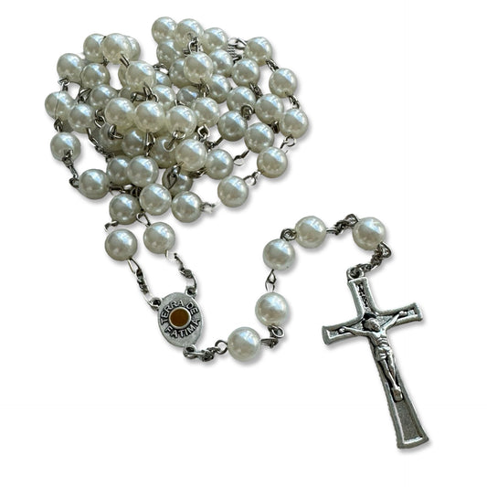 Large Pearl Fatima Rosary with Soil from Fatima in Case