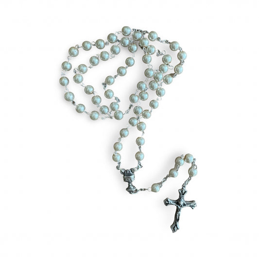 Large Pearl First Communion Rosary in Case